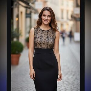 London Times Tan Sheath Mini Dress Sleeveless Crew Neck